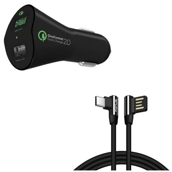2-Port USB 30W Fast Car Charger w Charger Cord 6ft Type-C Angle USB Cable Y4X for Blackberry Motion, Key2, KEYone, LE - BLU G9, Vivo XI Plus 5 - CAT S61 S48c - Coolpad Legacy