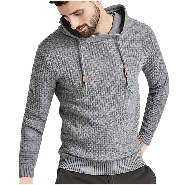 Pompotops Men Hooded Sweatshirt Long Sleeve Solid Knitted Hoodie Pullover Sweater on Sale