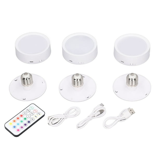 3 luces LED de disco de 4 colores, regulables, recargables, con batería y base E26, control remoto.