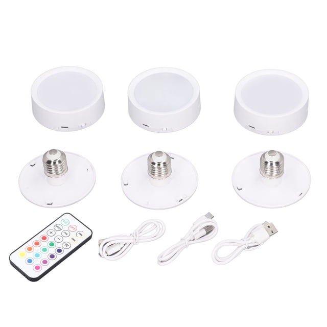 3 luces LED de disco de 4 colores, regulables, recargables, con batería y base E26, control remoto.