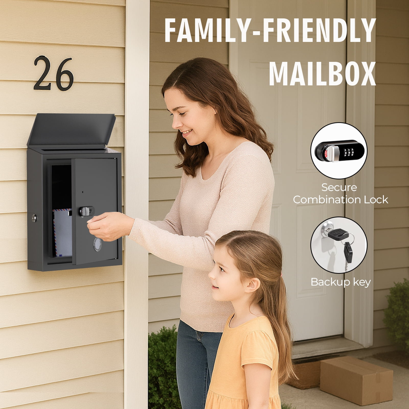 WeHere Wall-Mount Mailbox for Outside, Galvanized Steel Rust-Proof Mailboxes with Combination & Key Unlock, Key Drop Box, Large Locking Letter Box for House Porc, Front Door, Fence