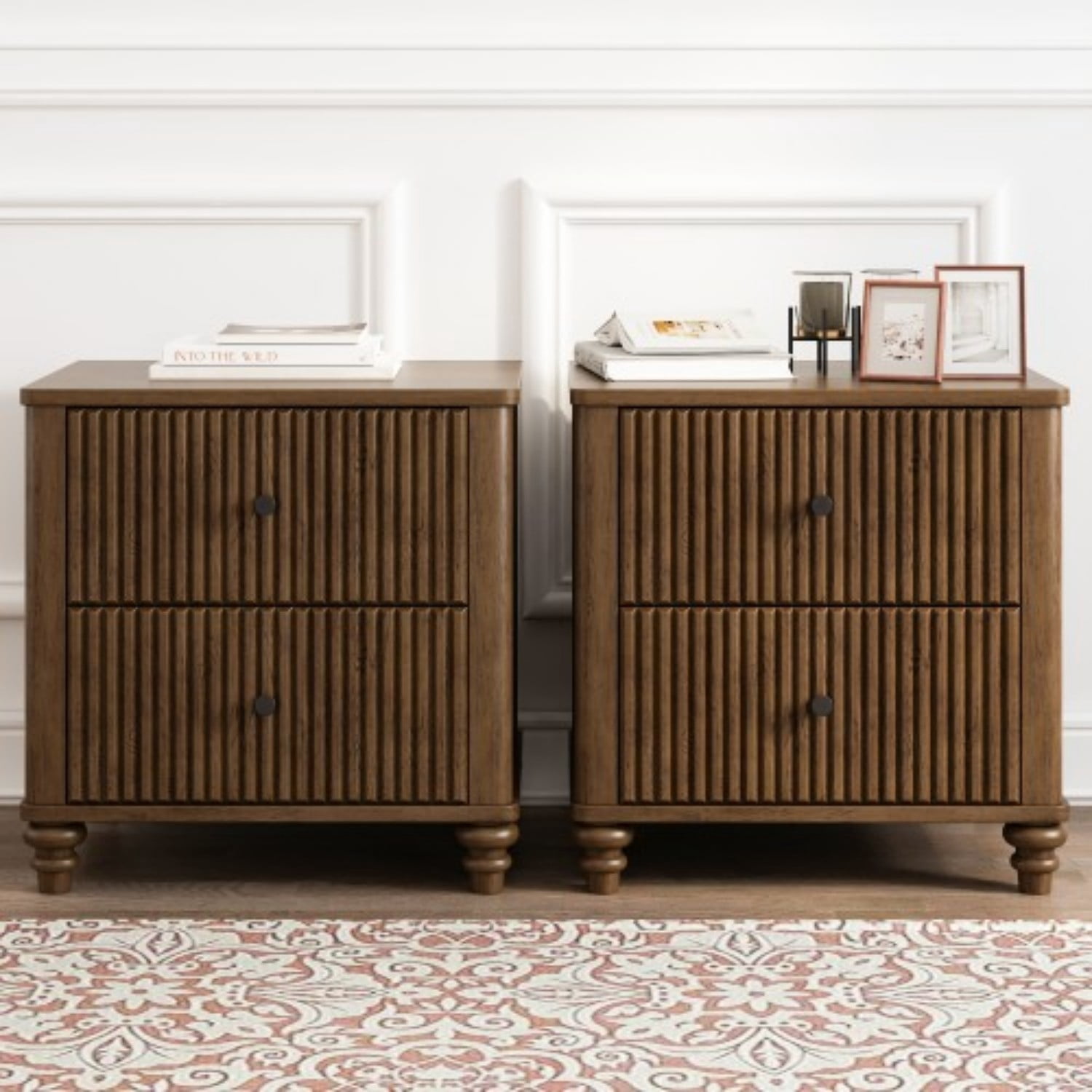 Fluted Nightstand Set of 2, 21.65" Wide Mid Century Modern Bedside Table with 3 Drawers, Wood Storage End Table with Metal Handles for Bedroom Living Room, Walnut
