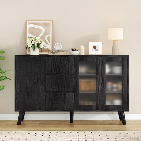 Farini Farmhouse Buffet Cabinet, 55.5" Coffee Bar with 3 Drawers and Pop-Up Doors, Large Rustic Sideboard for Dining Room, Kitchen, Hallway, and Living Room, Black