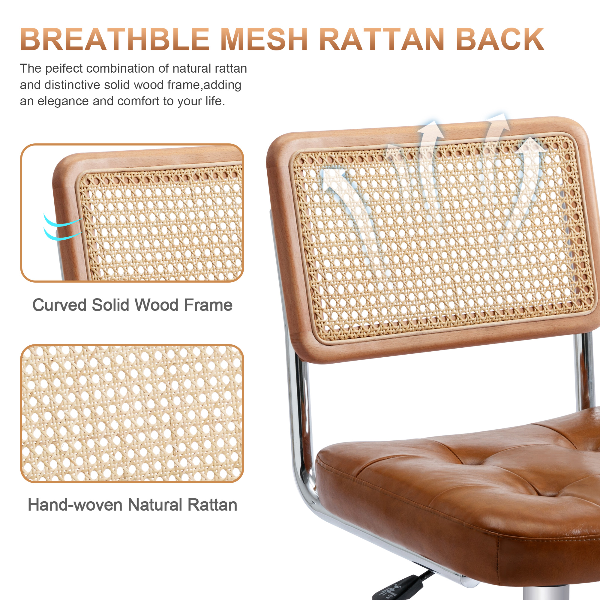 ONEVOG Tufted Leather Desk Chair, Swivel Home Office Chair with Rattan Back, Upholstered Armless Vanity Chair, Adjustable Height Computer Task Chair, Brown
