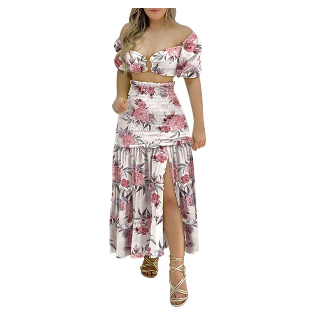 Conjunto de falda y top de manga corta informal con estampado floral de verano para mujer a la moda Wmkox8yi bvn3323