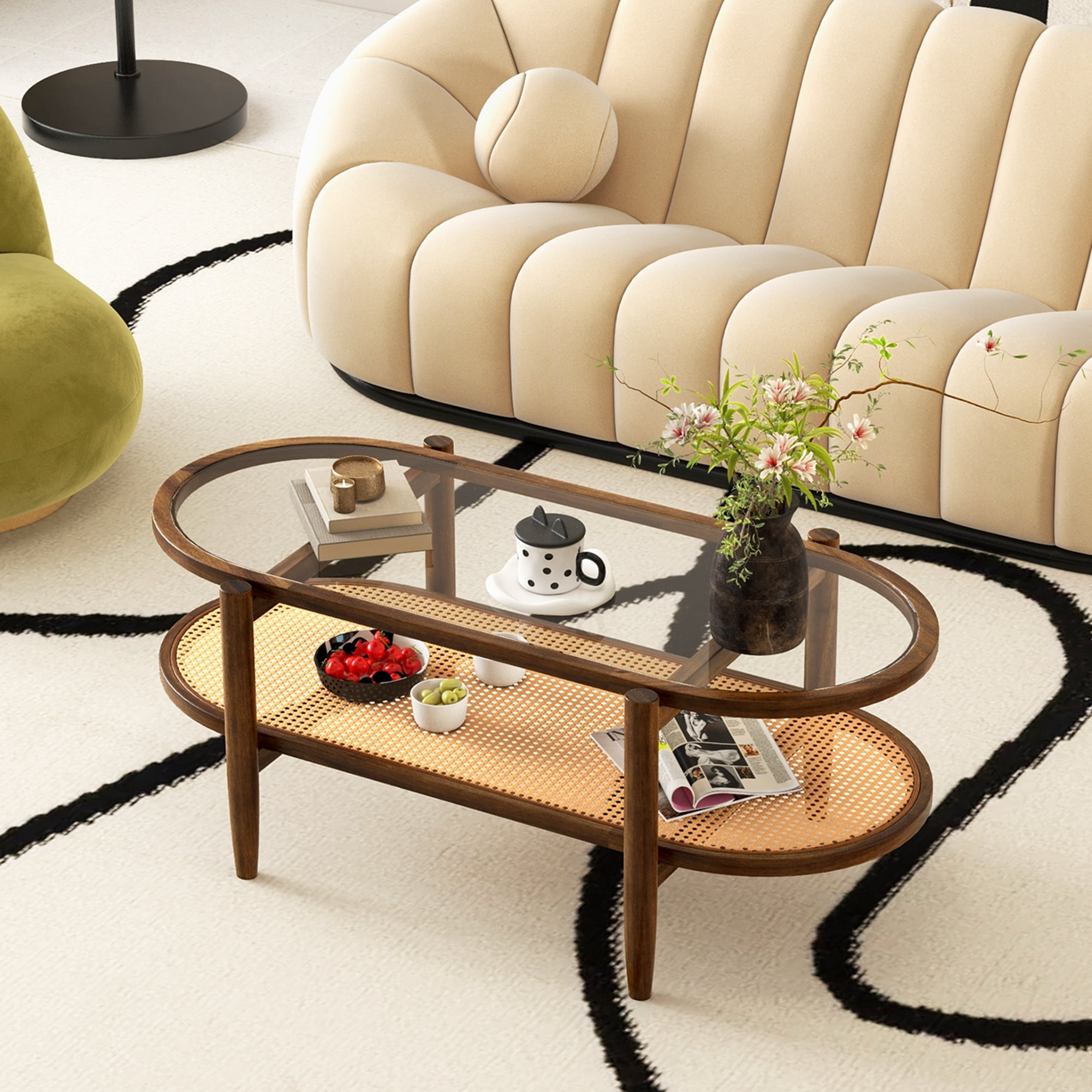 Costway 2-Tier Coffee Table Tempered Glass Top with PE Rattan Shelf & Acacia Wood Frame Brown