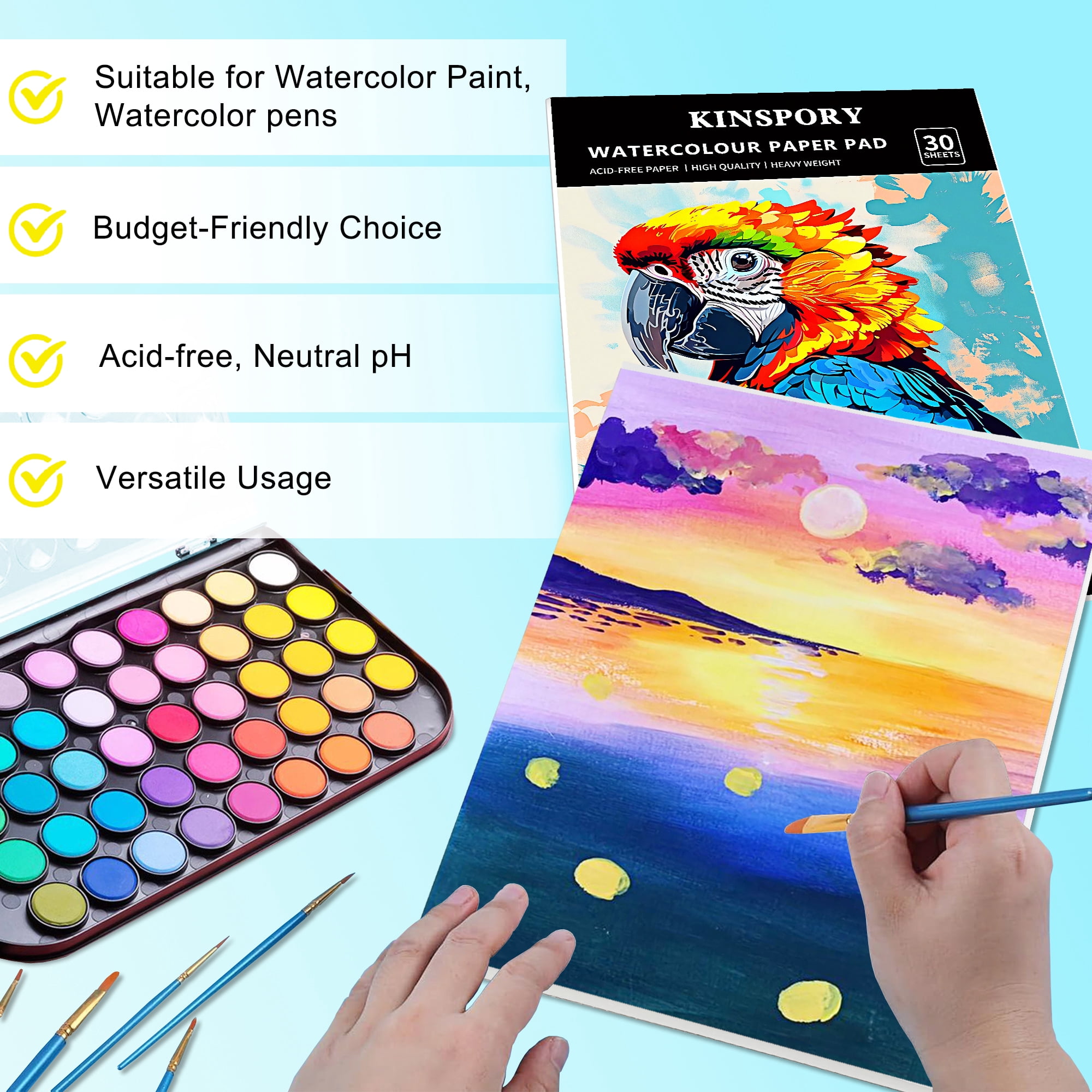 KINSPORY Watercolor Paper Pad, A4, 30 Sheets, 140lb/300gsm, Painting Sketchbook, Art Supplies for Artists, Kids