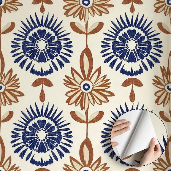 Boho Rustic Vintage Floral Pattern Wallpaper, Peel and Stick Waterproof Wallpaper, Home Decor Wall Decoration for Living Room Bedroom Bathroom Kitchen Cabinet Rental Property, 17.7 * 78.5 in