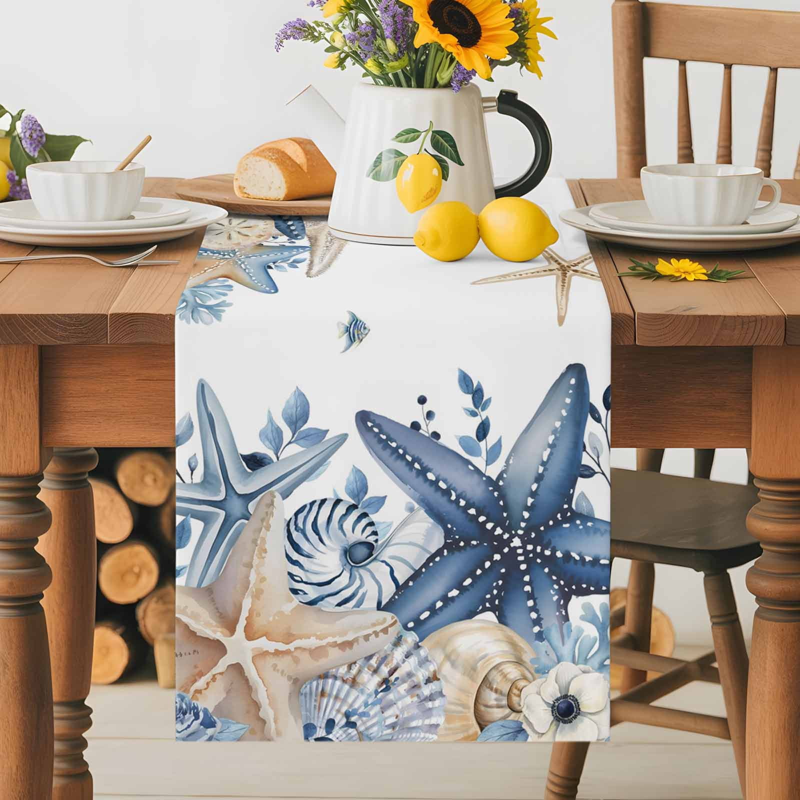 Coastal Table Runner, Ocean Blue Beige Starfish Shells Eucalyptus Leaves Cotton Linen Table Cloth, Tablerunner for Kitchen Dining Party Wedding Home Decor 13x90 Inch