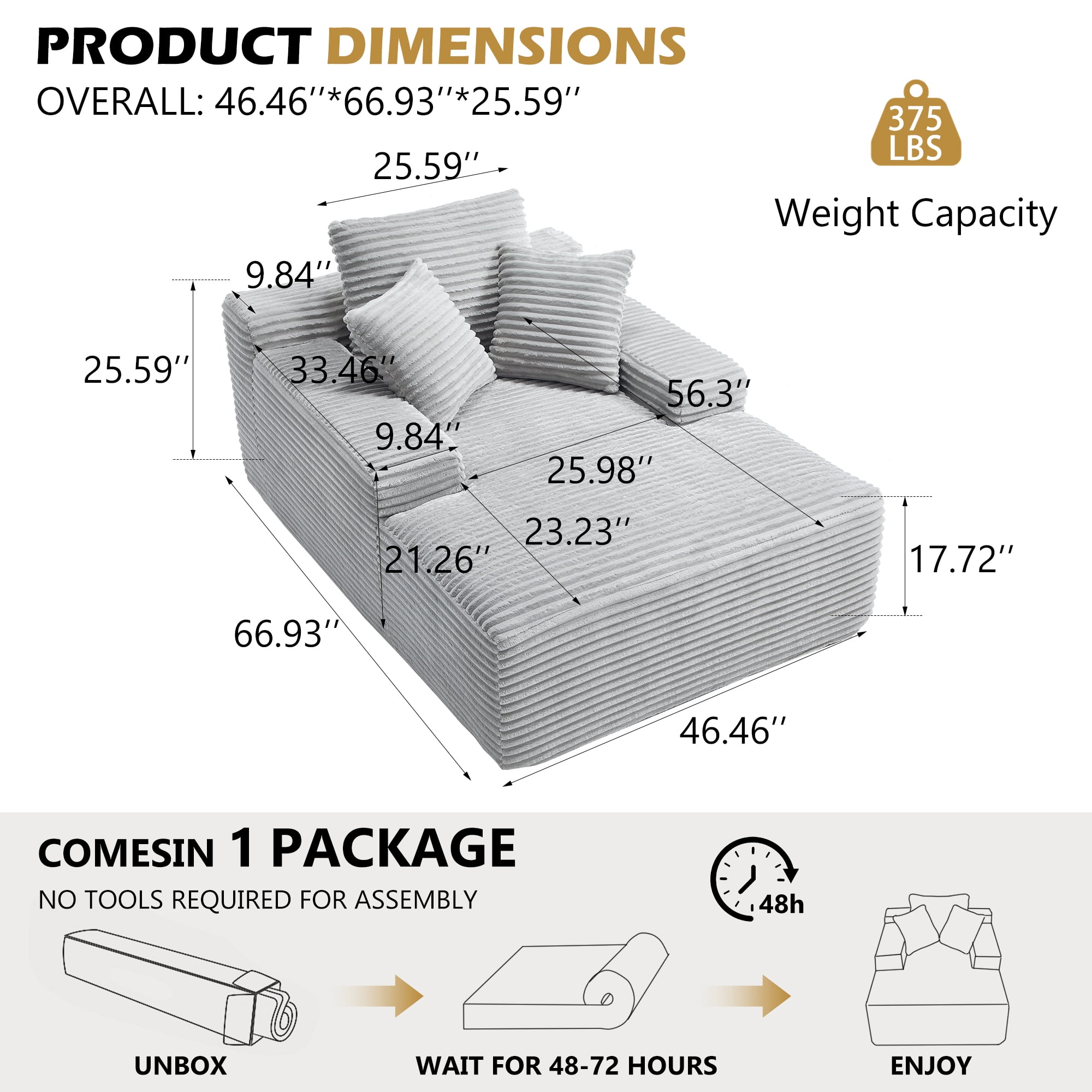 Leumius 67'' Oversized Chaise Lounge Chair Indoor,Modern Velvet Upholstered Sofa Bed,Deep Seat Sofa with Back Cushion and Pillows,Cozy Sleeper Couch for Living Room, No Assembly Required,Light Gray