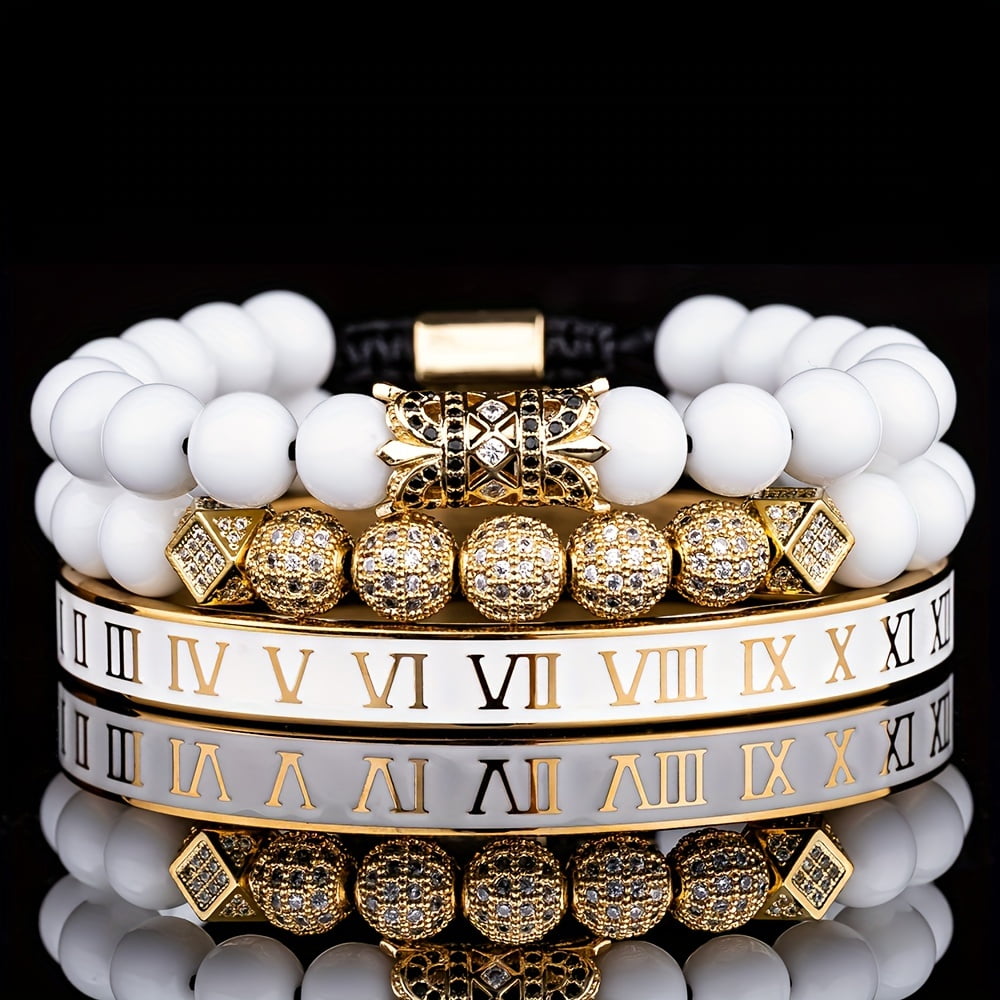 Luxury charm bracelet for men - stainless steel inlaid cubic zirconia with Roman numerals, adjustable size 6.3"-8.2", fashion jewelry gift,Black