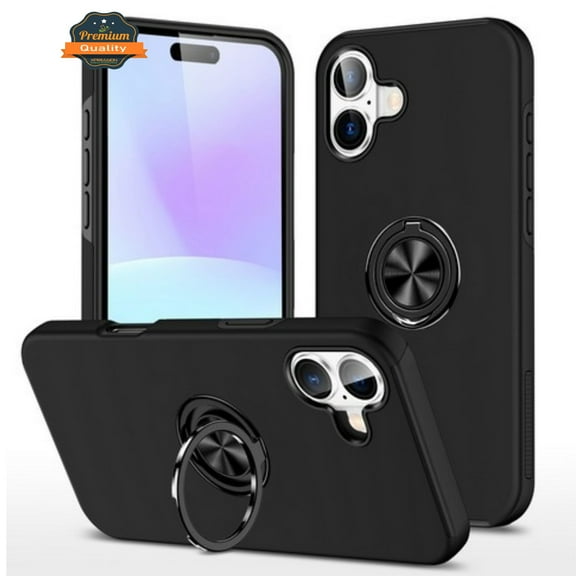 Hybrid Case with 360° Metal Ring Kickstand Slim Hard Back for Apple iPhone 17 phone Cover - Black