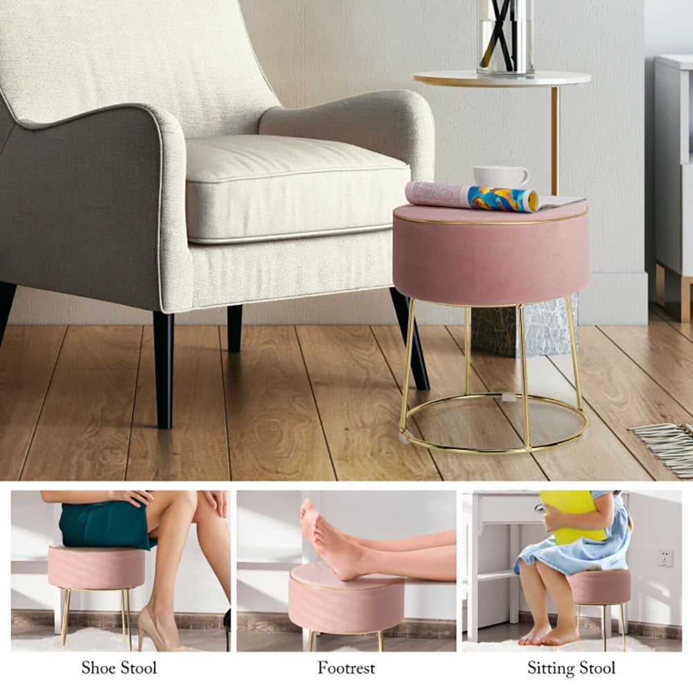 Finihen Round Velvet Ottoman, Footrest Stool, Vanity Chair, Velvet Footrest Stool Ottoman with Non-Slip Foot Pads for Bedside, for Living Room, Bedroom, Pink Finihen Round Velvet Ottoman, Footrest Stool, Vanity Chair, Velvet Footrest Stool Ottoman with Non-Slip Foot Pads for Bedside, for Living Room, Bedroom, Pink