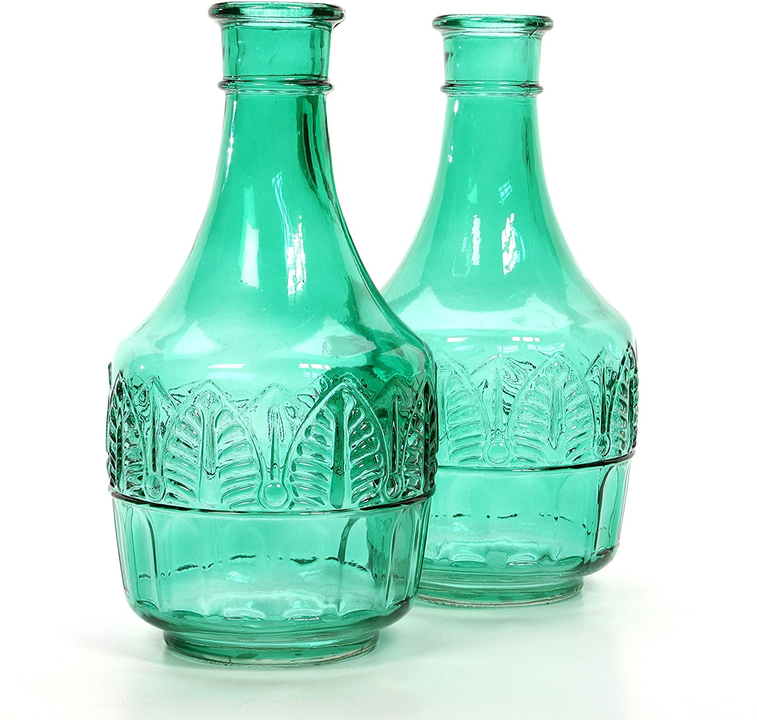Hosley Set of 2, 8.6 inch High, Vintage Style Green Glass Bottles