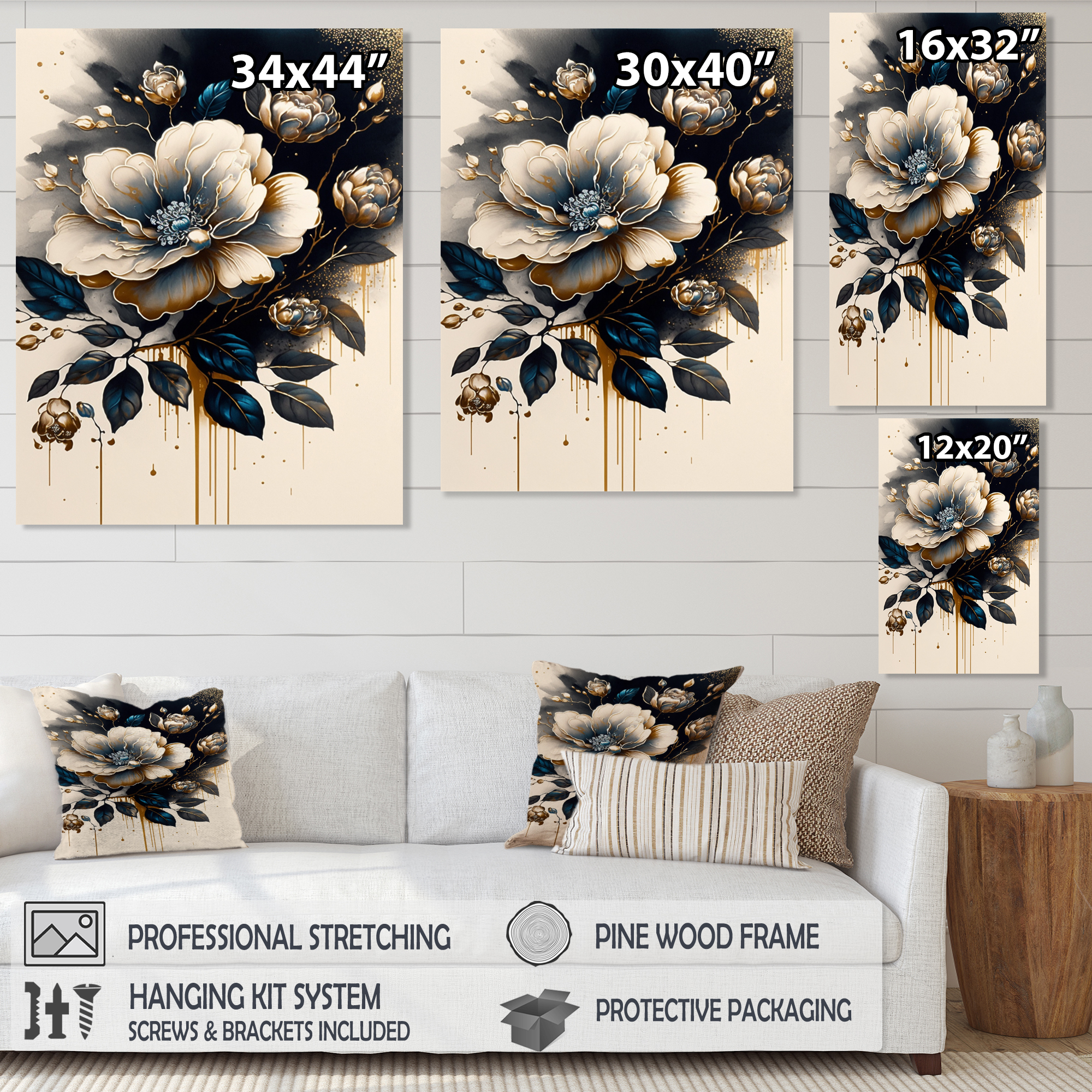 Designart Black And Gold Camellia Bouquet II Canvas Wall Art