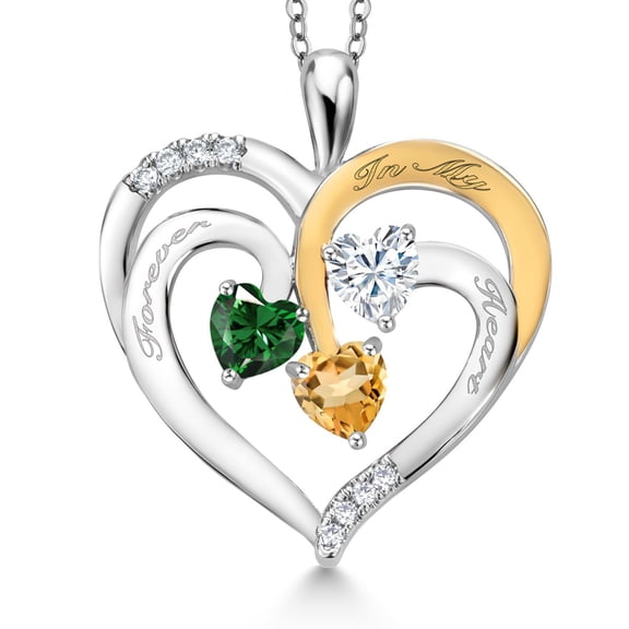 Gem Stone King Two Tone Green Nano Emerald White Moissanite Yellow Citrine `Forever in My Heart` Engraved Pendant Necklace for Women (1.38 cttw, Heart Shape 5MM, 18 inch Chain)