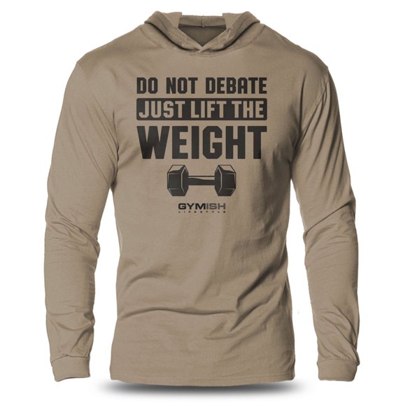 GYMISH Do Not Debate Lightweight Long Sleeve Hooded T-Shirt for Men – Funny Workout Hoodie, Khaki, Small