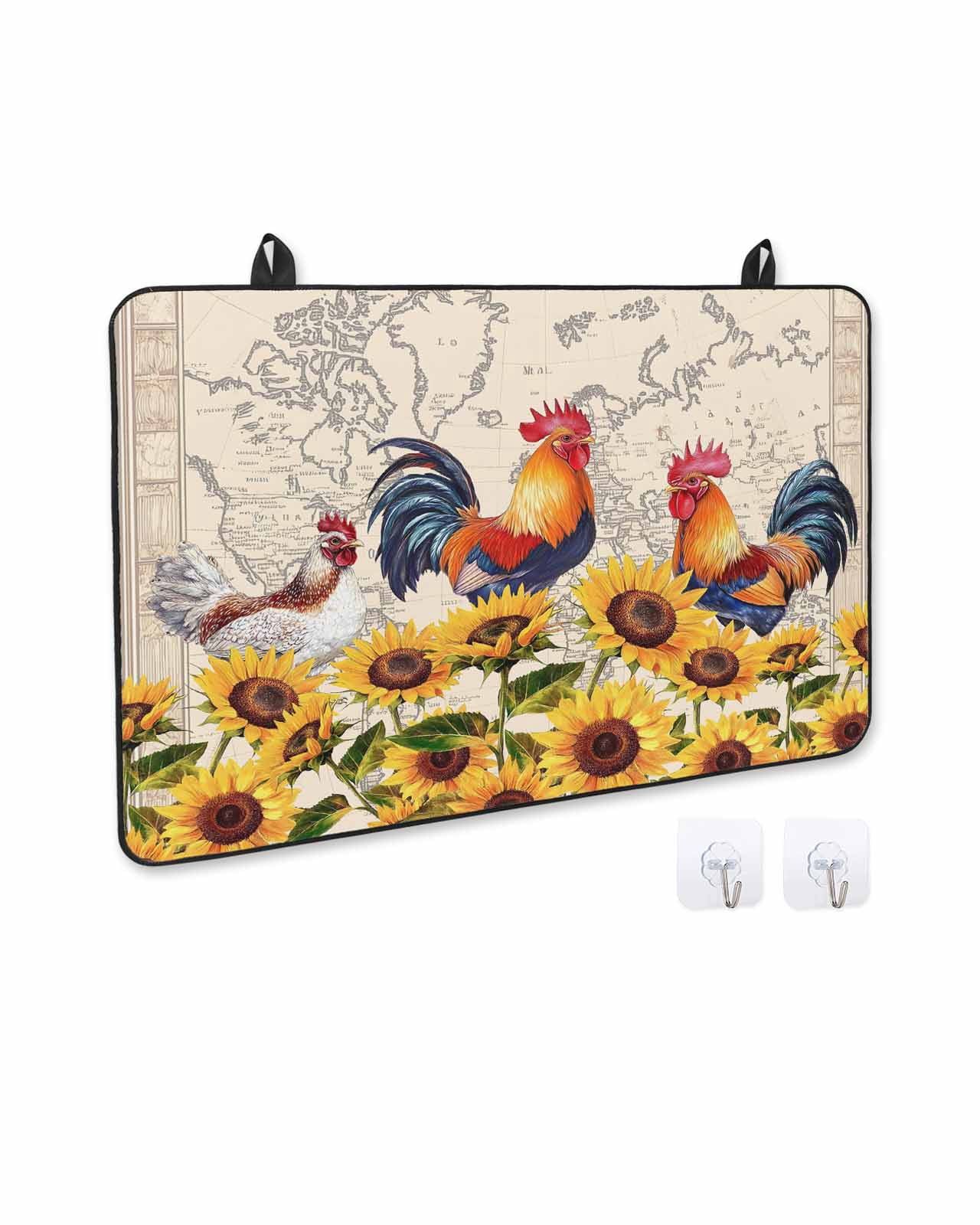 nqOlkjepod Large Induction Cooktop Protector Mat 24"x21", Chicken Sunflowers Stove Top Covers for Electric Stove, Farmhouse Vintage Map Floral Animals Stove Burner Cover Mats, Glass Top Stove Cover