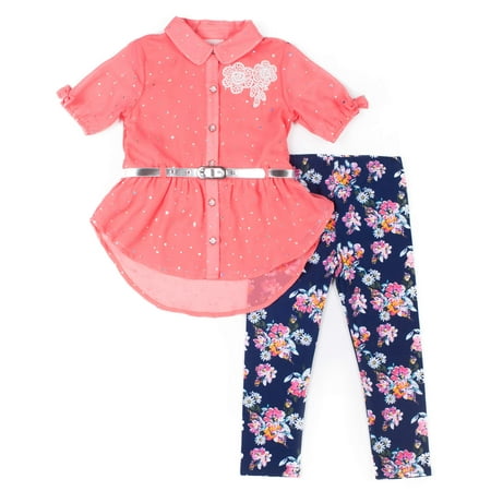 Little Lass Short Sleeve Disco Dot Chiffon Blouse & Floral Leggings, 2-Piece Outfit Set (Baby Girls & Toddler Girls)