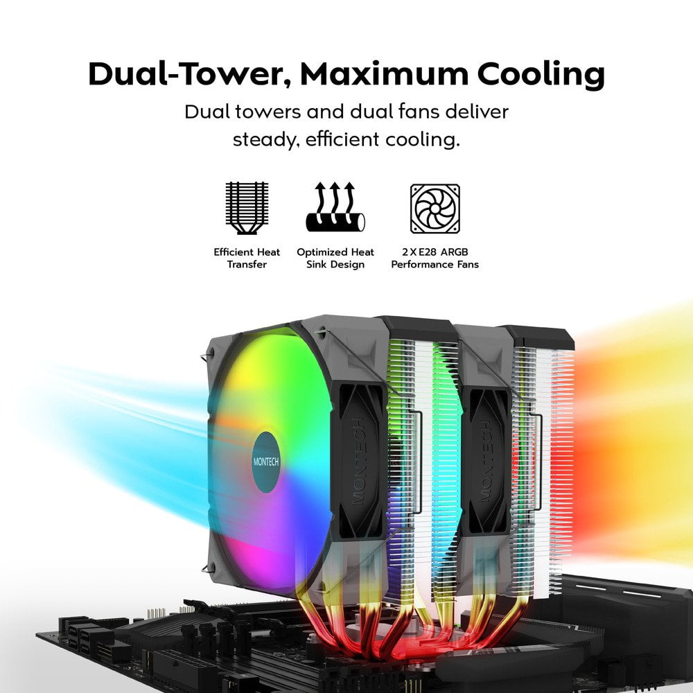 MONTECH NX600 ARGB Dual-Tower CPU Air Cooler with 6 Heatpipes & Premium Top Cover, Black