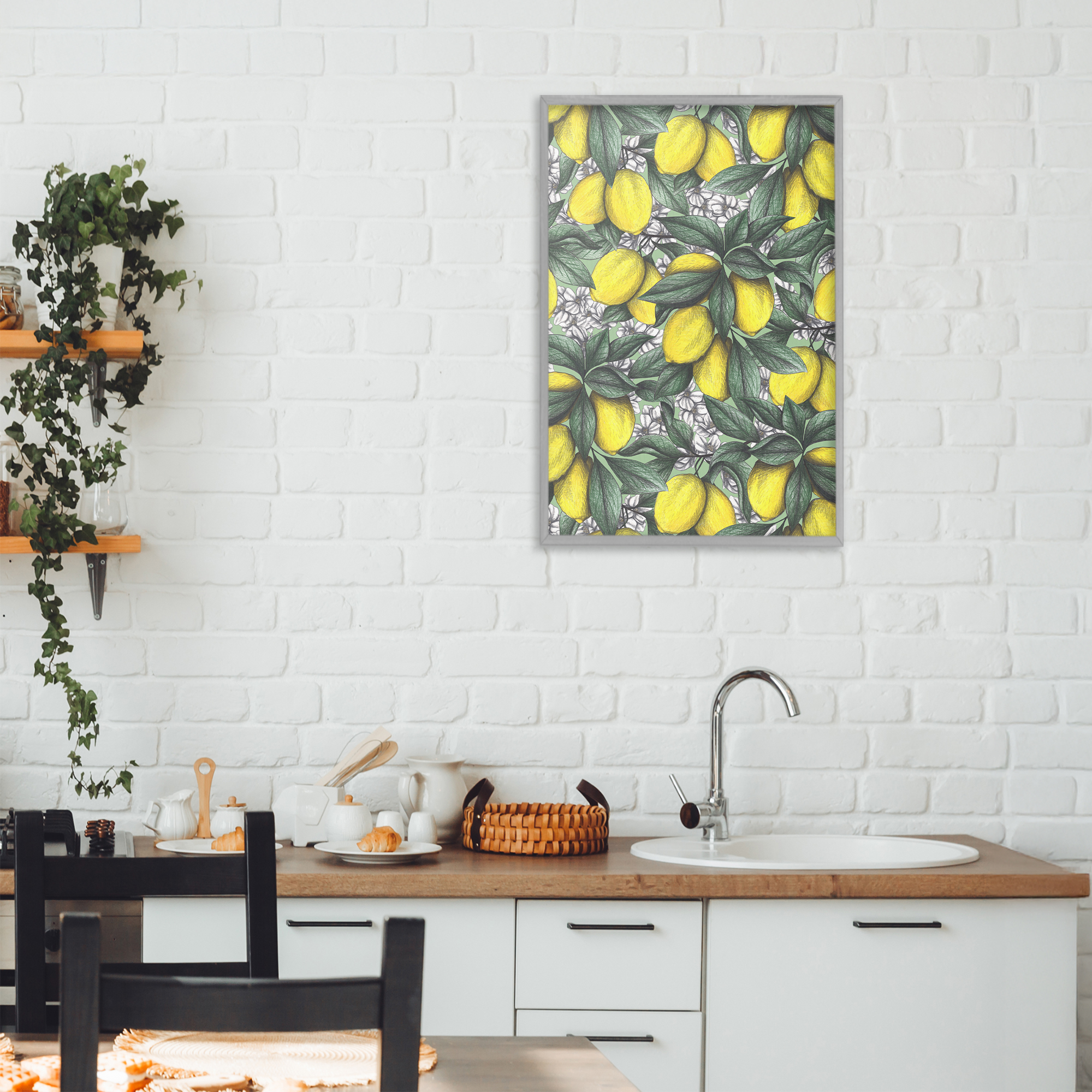 Under The Lemon Tree Gray Framed Giclee Art, design by Cecilia Battaini