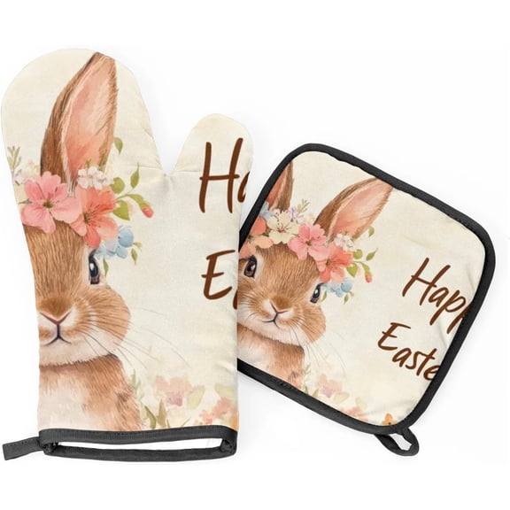 Easter Funny Bunny Rabbit Oven Mitts and Pot Holders Set of 2, Heat Resistant Oven Mitts Kitchen Oven Glove for Cooking, Baking
