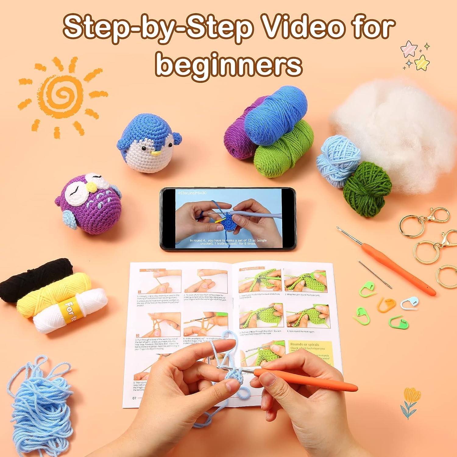KAPUNOS Crochet Animal Kit for Beginners 3 Pattern Animals-Owl, Penguin,  Frog, Kids Adults, Crochet Starter Kit - Crochet Kit with Step-by-Step  Video