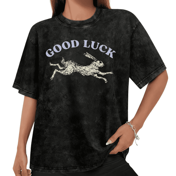 Women Good Luck Cream Rabbit Graphic Washed Tees T Shirt Tops Round Neck Cotton T Shirt Black S-2XL Plus Size