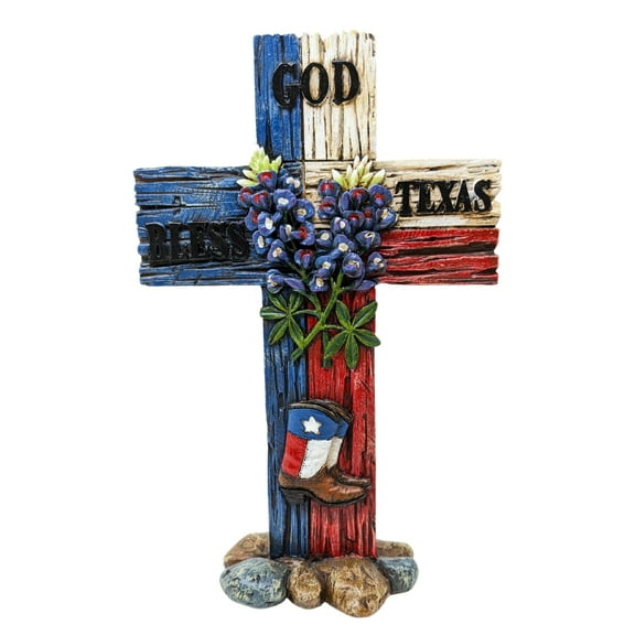 God Bless Texas Faux Wood Cross - Rustic Tabletop Decor with Bluebonnets & Boots Art - Spiritual Jesus Art Sculpture for Texas Home Decor Lovers - Ideal Gift for Texan-Inspired Themes