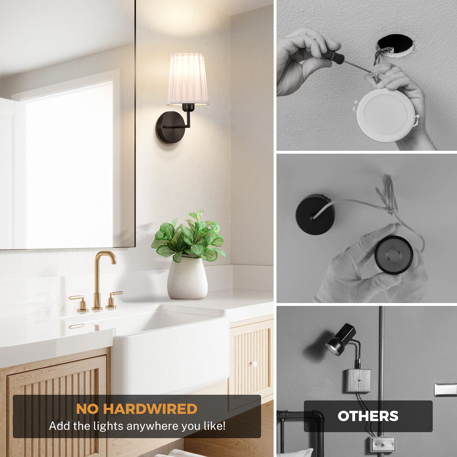 Set of Two Wall Sconces, Battery Operated Wall Sconce Reachargeable Wireless Wall Mounted Lamp Dimmable Battery Powered Wall Light Fixure for Bedroom Living Room Hallway, Black