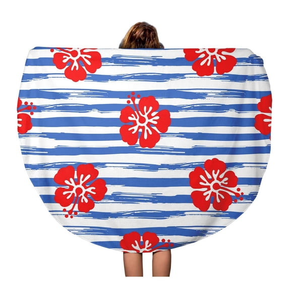 SIDONKU 60 inch Round Beach Towel Blanket Pattern Hibiscus Flowers on Striped Tropical Summer Abstract Aloha Travel Circle Circular Towels Mat Tapestry Beach Throw