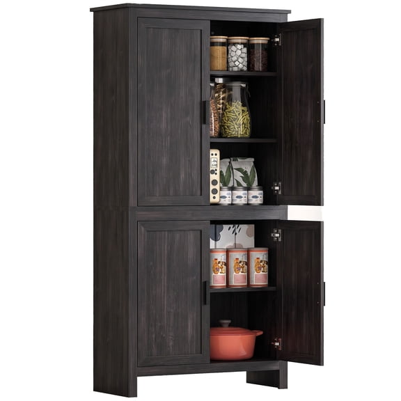 Kitchen Pantry Cabinet, 64" Gray Oak Particleboard Storage with 4 Doors and 3 Adjustable Shelves for Kitchen or Dining Room