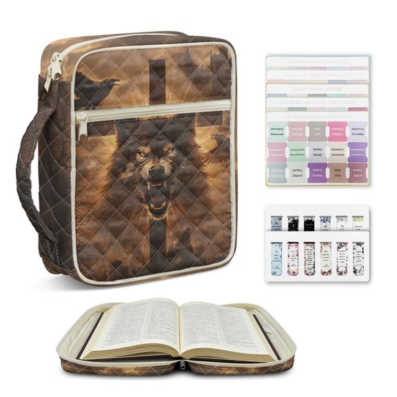 ZUXONGSY Wolf Cross Raven Print Bible Case for Women Quilted Bible Cover Case Large Scripture Bag with Bookmarks Zippered Handbag for ChuZU, Work, Essentials