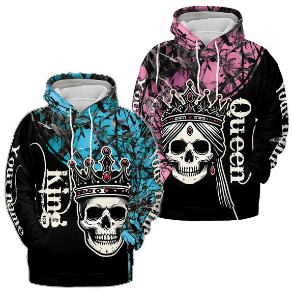 Lotusprinthandmade Personalized Skull Queen and King Matching Couple Hoodie 3D (Lightweight) S-5XL Multicolor (S)