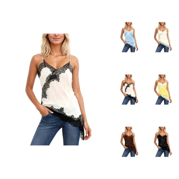 Lace Camisoles for Women 2026 Trendy Lace Patchwork Asymmetrical Hem Spaghetti Strap Camisole Tank Top