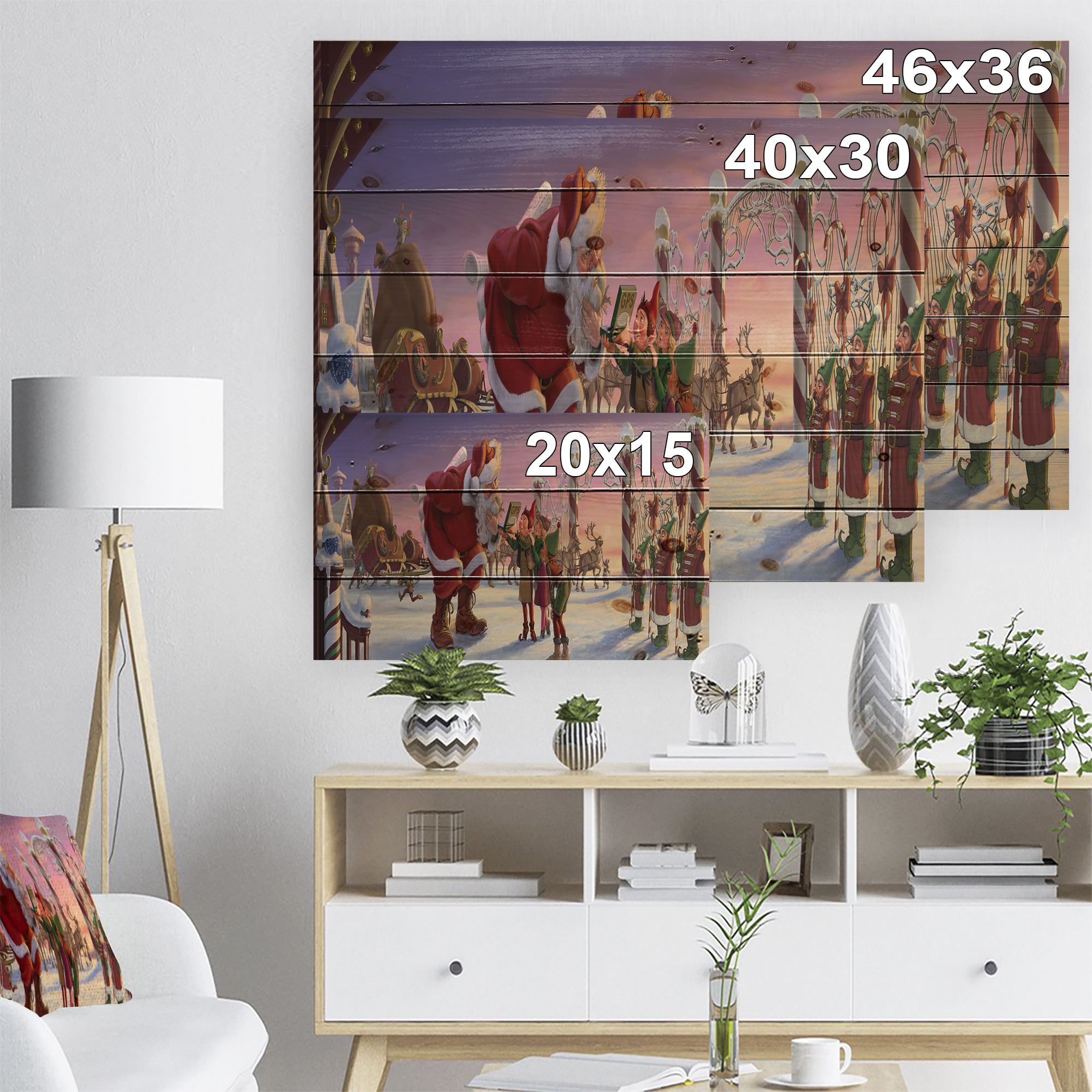Designart 'Stanta Claus with Elves on North Pole' Print on Natural Pine Wood