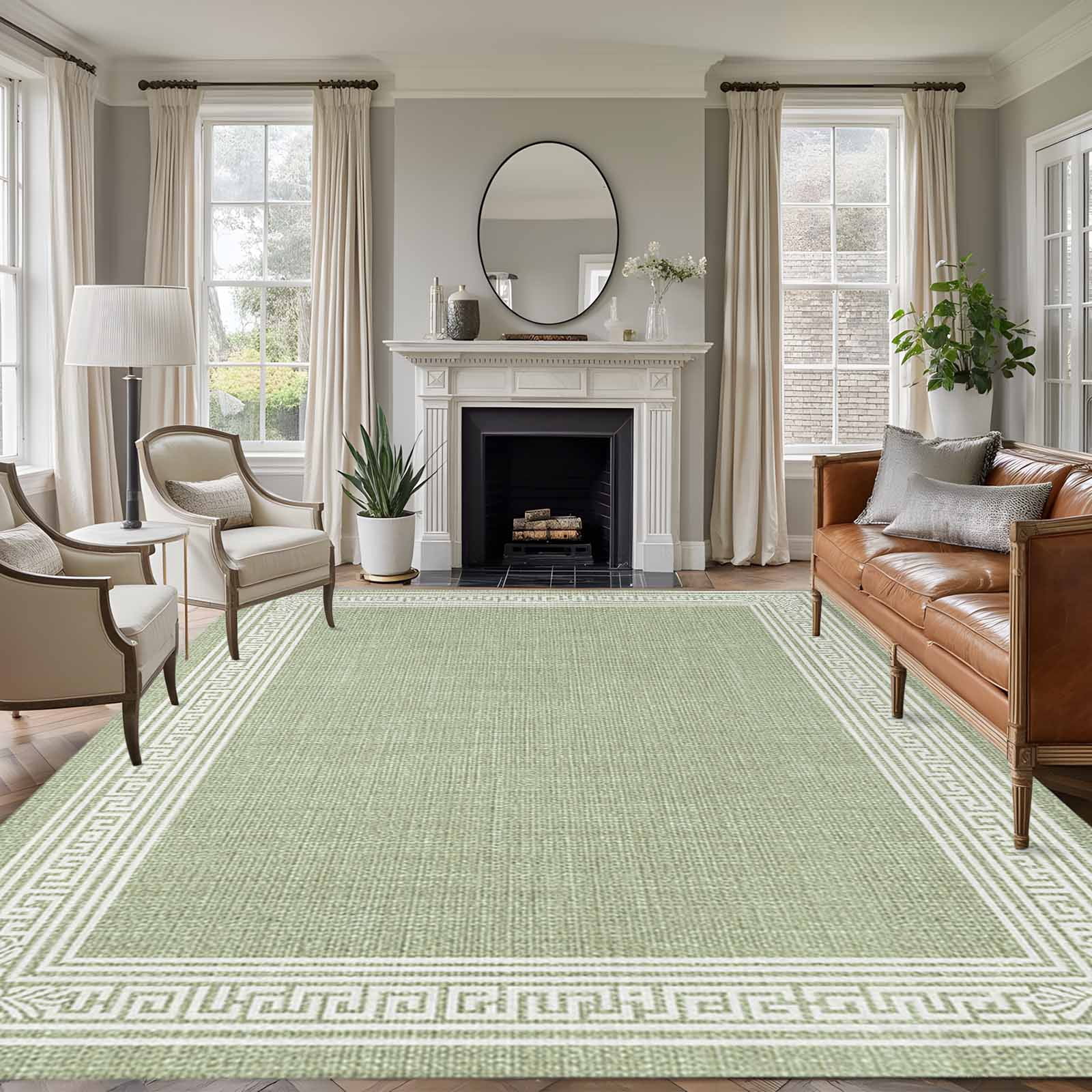 6x9 Area Rugs for Living Room, Sage Green Retro Greek Key Non Slip Area Rugs for Kitchen Bedroom Entryway, Geometric Greece Ancient Rustic Washable Carpet Runner Rug Floor Mats for Bedroom