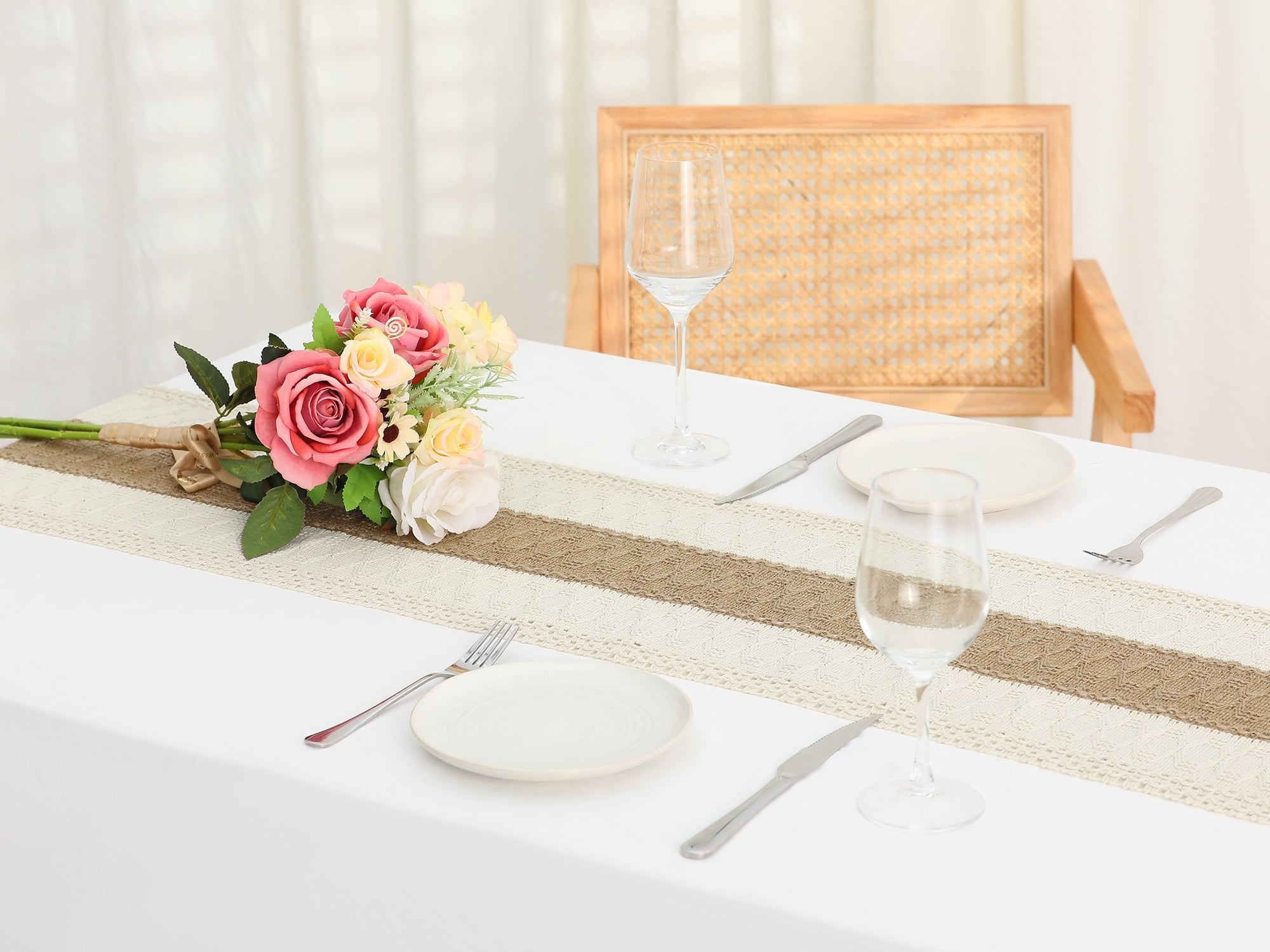 Unique Bargains 1 Pack Tassel Table Runner Cotton Linen Simple Table Flags Brown 12"x71"