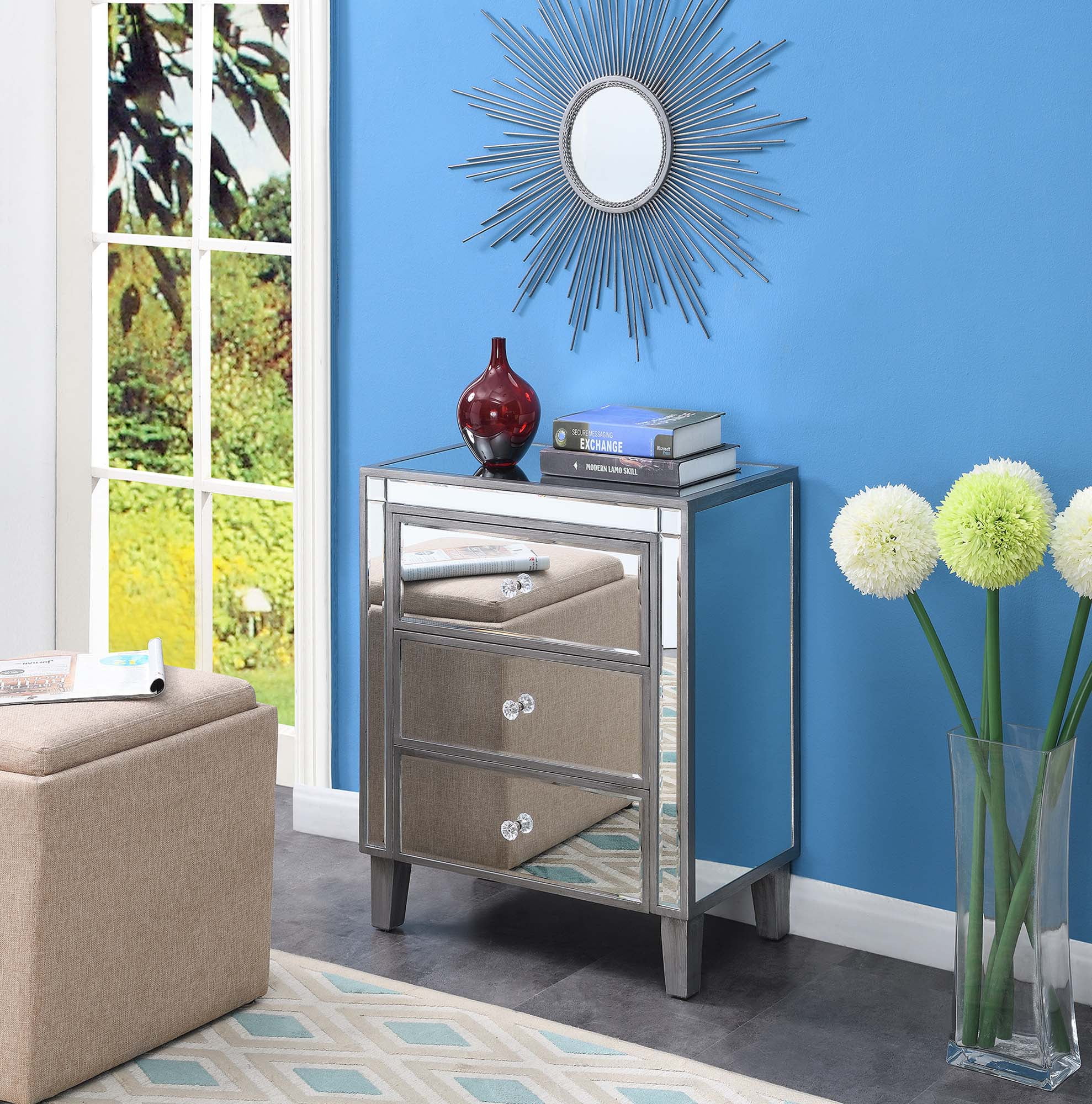 Convenience Concepts Gold Coast Large 3 Drawer Mirrored End Table