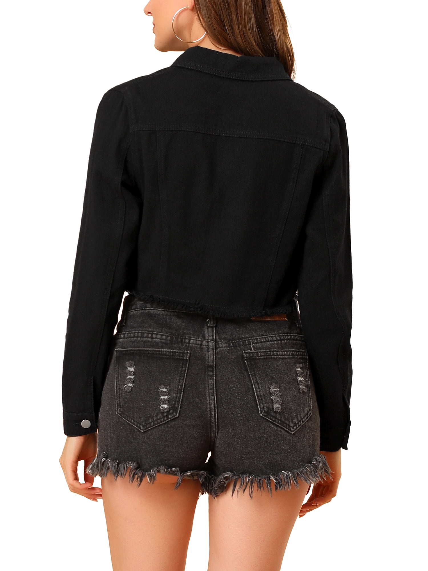 DARING DIVA Women's Frayed Button Up Washed Cropped Denim Jackets M Black