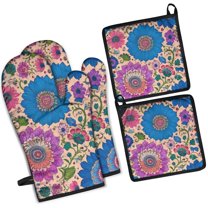 Colorful Floral Pattern Kitchen Oven Mitt and Pot Holder Sets 4 Pcs for Baking, Cooking and Grilling, Heat Resistant Up To 392 °F