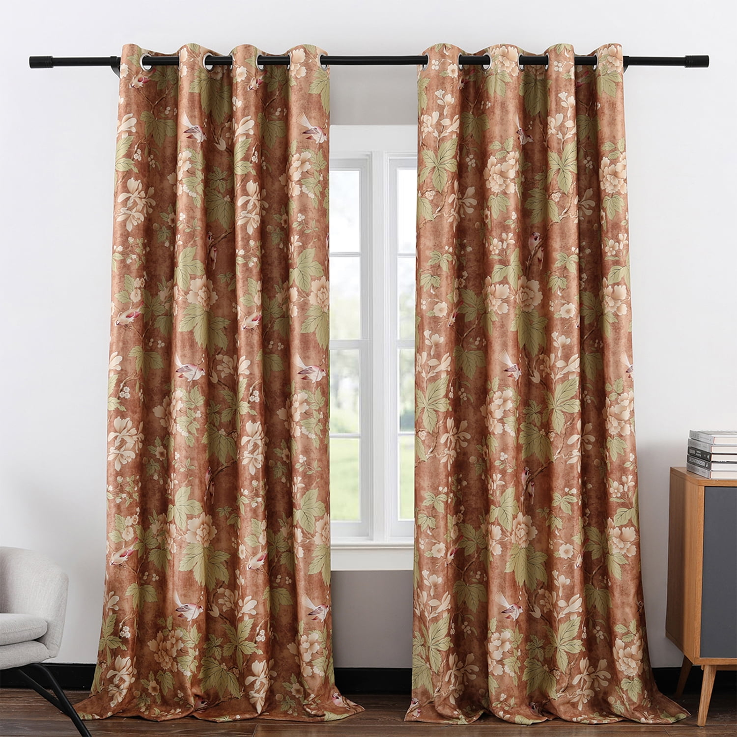 VOGOL Floral Blossoming Blackout Window Curtains, Grommet Heavy and Soft Energy Efficient Thermal Insulate Drapes for Bedroom Living Room, 2 Panels, 52x84 Inch, Brown