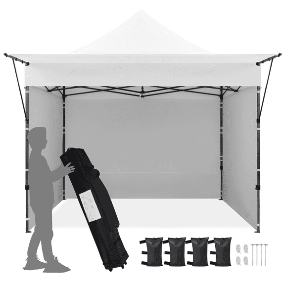 Alden Design 10ft Commercial Pop-up Canopy W/ 3 Sidewalls & Adjustable Awning for Outdoor, White