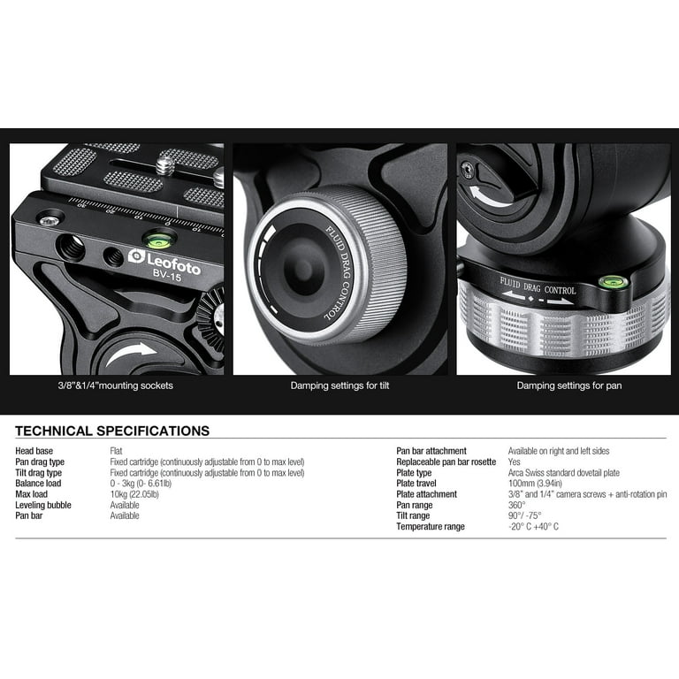 Leofoto BV-15＋HBL-65,NR-100 Leofoto BV-15 70mm Fluid Video Head with PU-100D 100x38mm QR