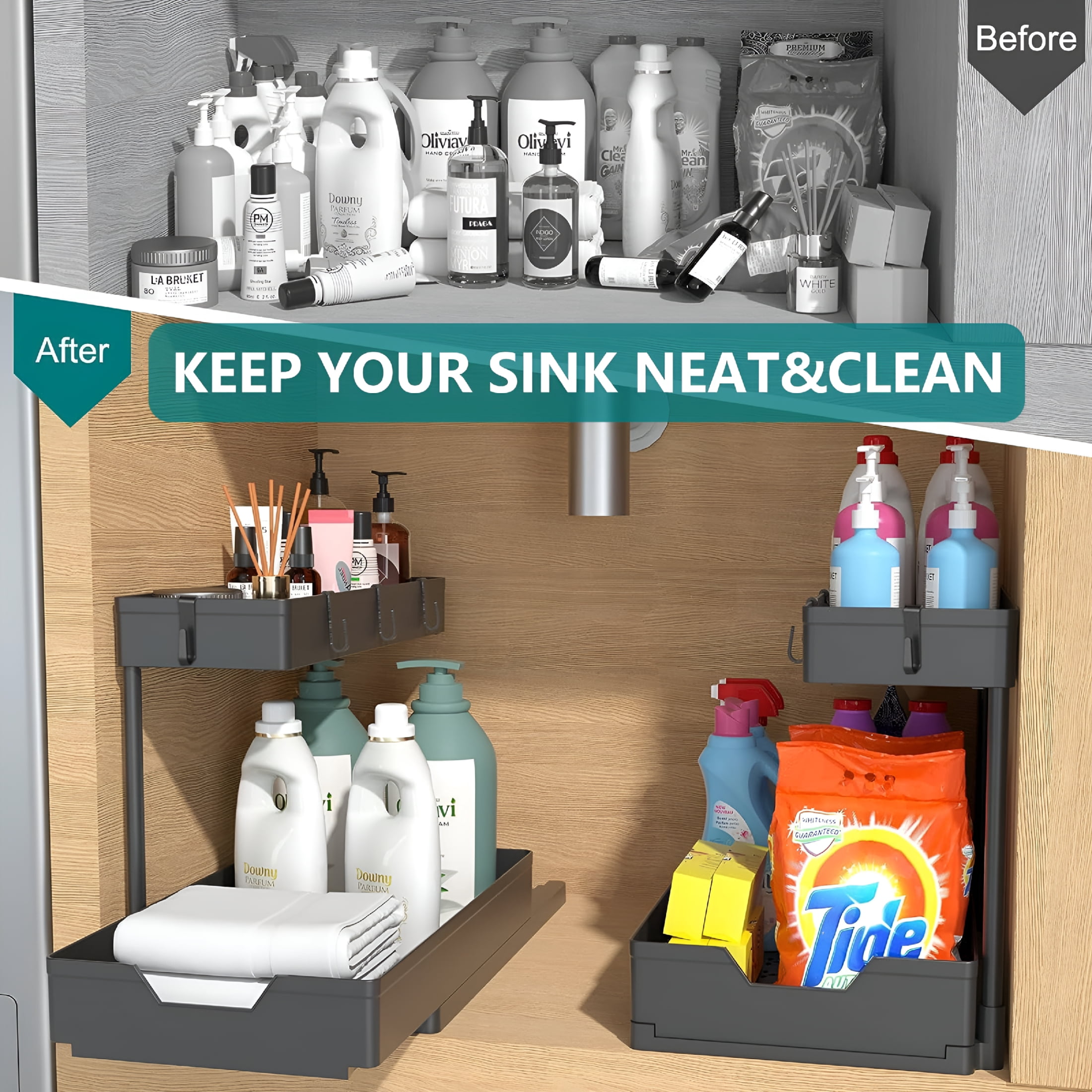 XIBUFE 2-Pack Under Sink Organizer Storage,2 Tier L-Shape Multi-Purpose Large Capacity Kitchen Under Sink Organizers for Narrow Space Easy Access Sliding Storage Drawer with Hangers for Bathroom