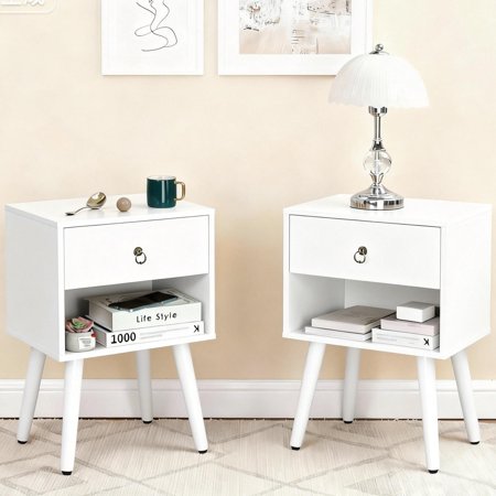 Ktaxon Wooden Side End Table Night Stand Storage Shelf with Bin Drawer Night Stand Sets of 2 White