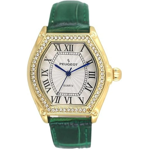 Peugeot Women's 36mm Green Watch Barrel Shaped Tank Case Leather Strap