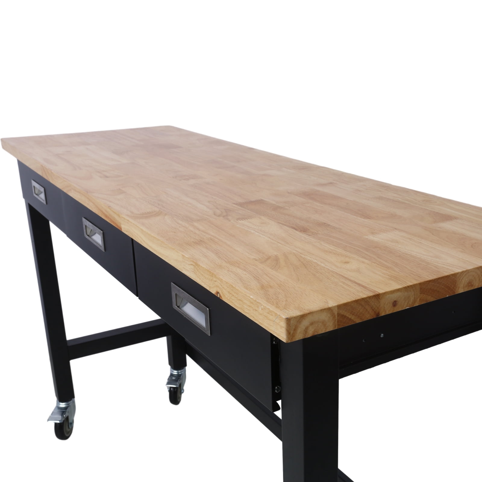 60in Work Bench with Drawer Storage, Heavy Duty Bamboo Wood Work Table with Wheels for Garage Home Office