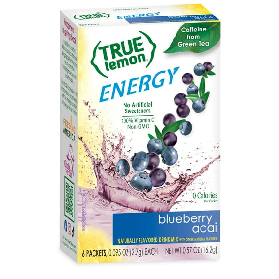 True Lemon Blueberry Acai Energy Drink Mix, 0 Sugar, No Artificial Sweeteners, 6 Count