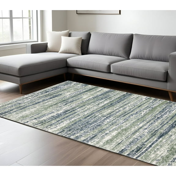 8' X 11' Blue And Green Striped Distressed Area Rug